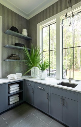 Palmetto Bluff Road grey sink & towel storage